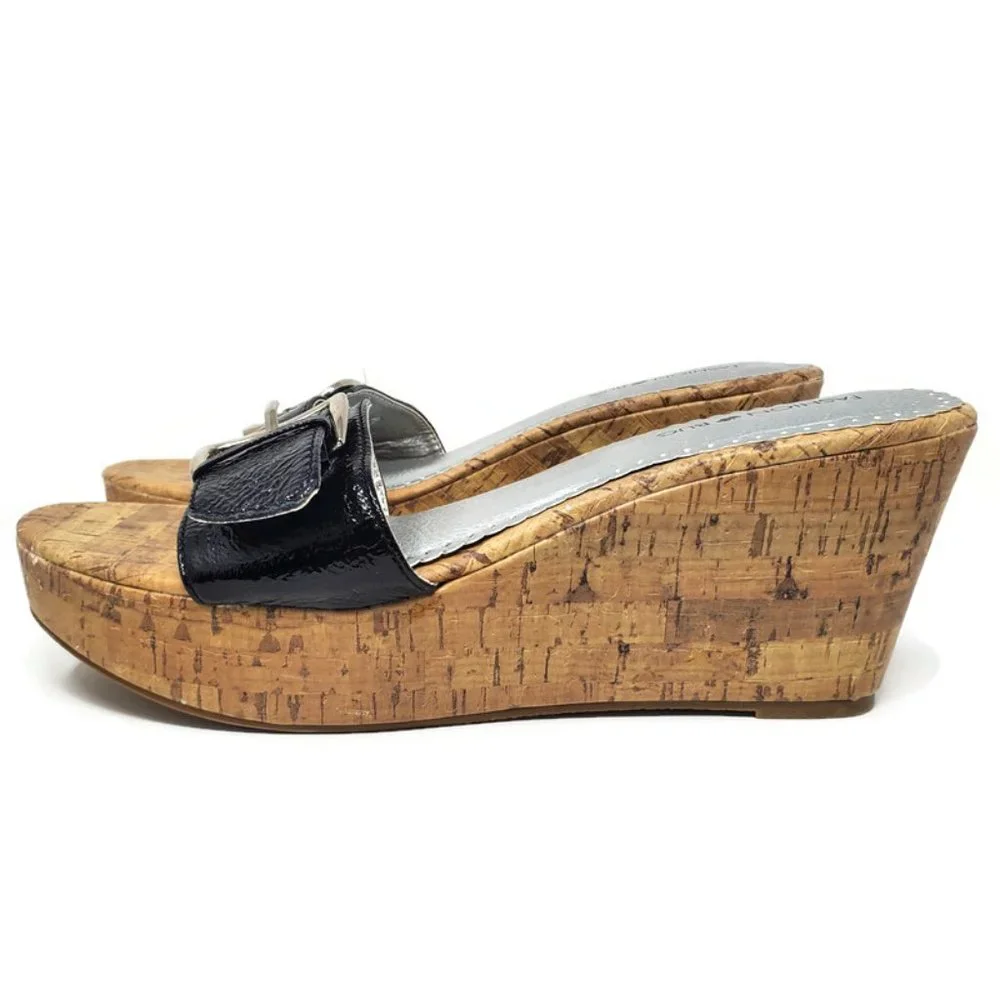 Fashion Bug Size 10 Black Faux Patent Leather Buckle‎ Cork Wedge Heels Sandals